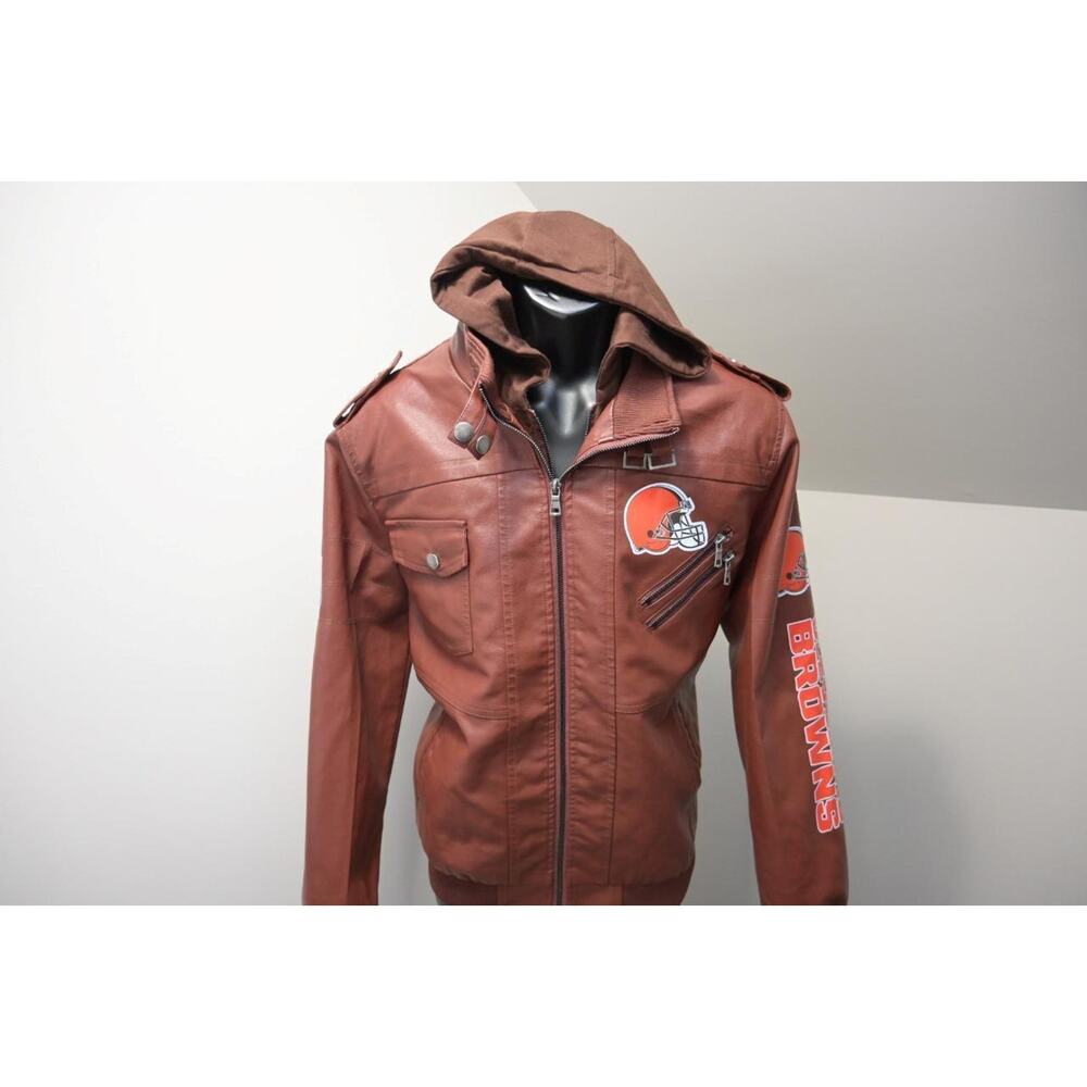 NFL‎ Cleveland Browns Pleather Military Cargo Jacket Hooded Mens Size Large - Picture 2 of 11